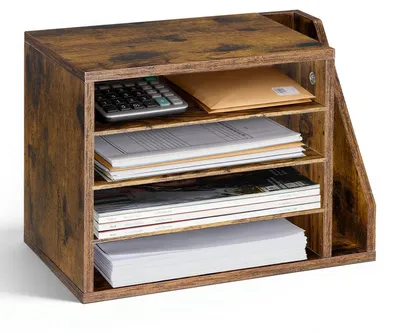 Produktbild von Briefablage aus Holz - Dokumentenablage & Schreibtisch-Organizer - 4 Fächer - Herausnehmbare Regalböden - Mit Stehsammler - Für Büro & Schule - Braun