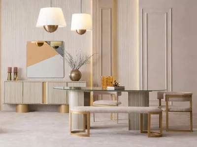 Productafbeelding van Exclusieve eethoekset met eettafel, zitbank, stoelen en spiegel