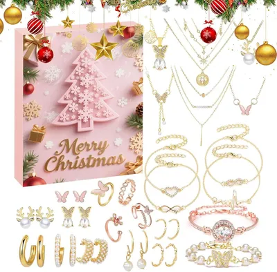 Produktbild von Adventskalender 2025 für Mädchen mit 24 Schmuckstücken – Ohrringe, Halsketten & Armbänder, Geschenk für Freundin, Familie, Weihnachten & Party