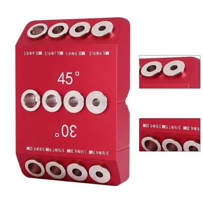 A red jig for drilling angled holes, with various drill bit sizes indicated.