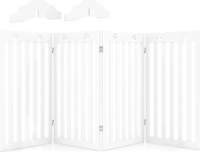 A white wooden pet gate with four panels, shown in a studio setting against a white background.