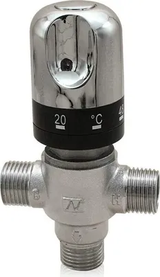 A close-up studio shot of a thermostatic mixing valve.