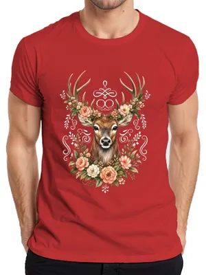 Zdjęcie produktu dla Elegancka koszulka męska z motywem jelenia, wianek kwiatowy, poroże, las, styl boho, naturalne materiały, skórzane spodnie, motyw jelenia, kolor czerwony, rozmiar XXL