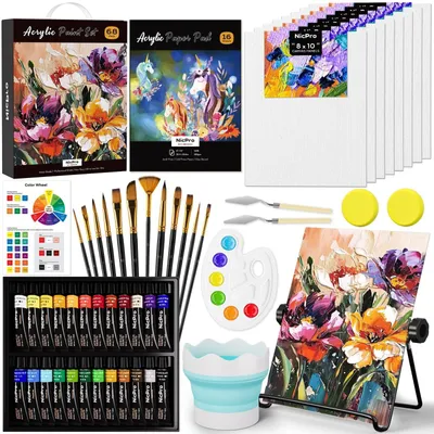 Produktbild von Acrylfarbenset Malset Künstlerset - 68-teilig - Leinwand und Pinsel - 24 Farben Acrylfarbe - Ideal für Anfänger und Studenten