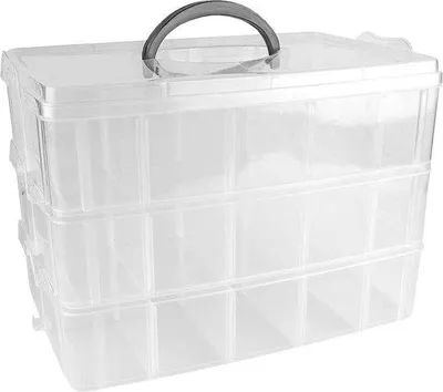 Productafbeelding van Famanu opbergbox met deksel en handvat - 3 niveaus, 30 vakken - Transparant, 26 x 18,5 x 17 cm
