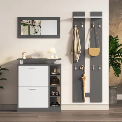 Obrázek produktu pro Komoda se zrcadlem - Komoda do předsíně - Úložný systém do předsíně - Úsporný design - 80x25x96,5 cm - Šedá a bílá