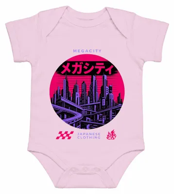 Productafbeelding van Megastad Japan, Katakana, Cyberpunk, Tokyo, Streetwear, Retro, Y2K, Synthwave, Babyromper, Roze, Maat 6/12
