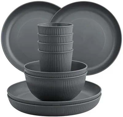 Immagine prodotto di Ultiluxe Set di stoviglie da campeggio - 12 pezzi - Stoviglie per picnic - Stoviglie outdoor - 4 persone - Impilabile - Senza BPA - Grigio