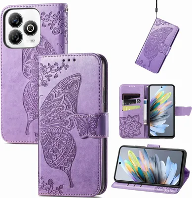 Produktbild von Für ZTE Blade A75 4G Kunstleder Wallet Handy Tasche Schmetterling Design Hülle Etuis Hell-Lila