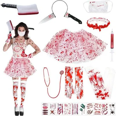 Produktbild von Dailygoods- Krankenschwester Kostüm Damen - 10-teiliges Halloween Kostüm - Zombie Krankenschwester - Cosplay Accessoires - Realistischer Zombie Look - Blutflecken und Handschuhe - Halloween Kostüm