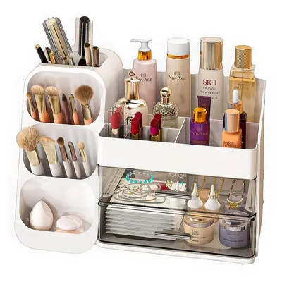 Produktbild von Make-Up Organizer, Makeup Kosmetik Organizer mit Schubladen, Pinsel Organizer, 3-in-1 Plastic Kosmetik Aufbewahrungsbox, Schmink Aufbewahrungskasten