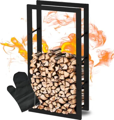 Produktbild von DELUKE® Kaminholzregal innen Metall KEOP | Schwarz | 60x25x125cm | Brennholzregal Inkl. Ofenhandschuh | Feuerholzregal Kaminholzhalter Holzständer Holzhalter Holzlager
