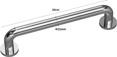 A silver grab bar is shown against a white background with dimensions indicated.