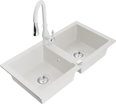Produktbild von Mexen Mario 2-Becken-Granitspüle mit Mischbatterie Savita, Weiß - 6504-20-672601-20