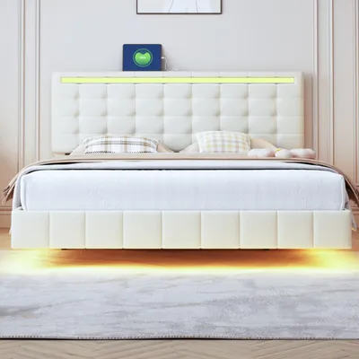 Produktbild von ProximaX Polsterbett 140x200 cm – Doppelbett mit LED, USB & schwebendem Rahmen – höhenverstellbares Kopfteil – Leinen – Beige