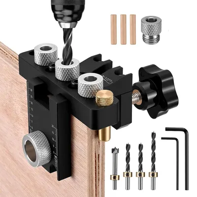 Produktbild von Bohrschablone,3-in-1 die Bohrschablone Möbelbau,Dübellöcher 8/10/15mm Holzdübel Bohrschablone mit Positionierungsclip Einstellbare Bohrführung Stanzer