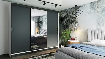Produktbild von FurMeb24 Schiebetrenschrank RETRO 5 -200x205cm Kleiderschrank mit Spiegel, 3-triger Schiebeschrank (Weiss / Graphit Antrazit  + Spiegel und Beschl€ge)