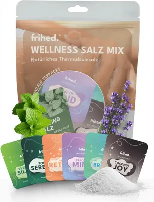 Produktbild von frihed.® Wellness Salz Mix - Salzpeeling für Männer und Frauen - Dusch- und Körperpeeling für Sauna, Dusche & Badewanne - 6 verschiedene Düfte - Geschenkidee für Aromatherapie