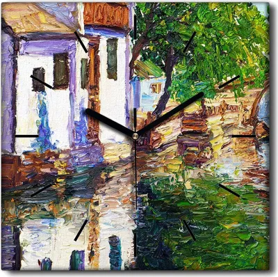 Produktbild von Coloray Uhr auf Leinwand 30x30 cm Wand Uhr Dekoration Wohnzimmer Segeltuch schwarze Hände -Dorfbootlandschaft.