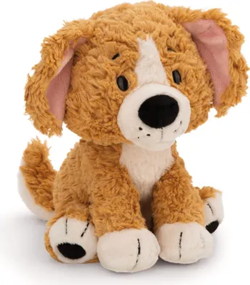 A plush toy dog sitting on a white background.