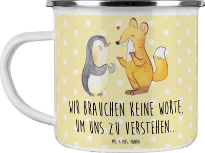 Produktbild von Mr. & Mrs. Panda Teetasse Fuchs & Pinguin gehörlos - Gelb Pastell - Geschenk, Teebecher, Haferl, Gebärdensprache, Emaille Tasse, Becher, Motivtasse