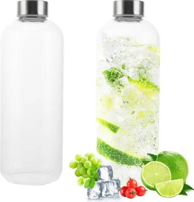 Produktbild von 1 Liter Glas-Trinkflasche Set von 2 - Borosilikatglas - Neopren-Hülle - Spülmaschinenfest
