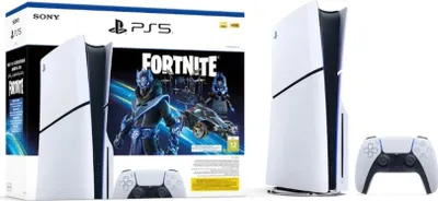 A PlayStation 5 console with a Fortnite-themed box and a controller.