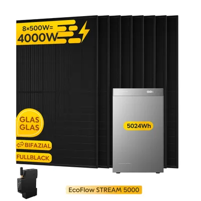 Produktbild von EcoFlow STREAM 5000 5 kWh Speicher für Balkonkraftwerk mit 8 x 500W Solarmodule und Smart Meter , 5000 W Solar, 3000 W AC (0% MwSt)