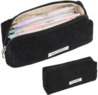 Image de Trousse en velours côtelé pour filles, noire, trousse, trousse à crayons, école, bureau