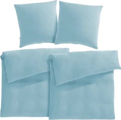 Produktbild von Pure Label Musselin Bettwäsche 135x200 4 teilig bestehend aus Bettbezug 135 x 200 cm 2er Set + Kissenbezug 80x80 cm 2er Set aus Baumwolle in blau