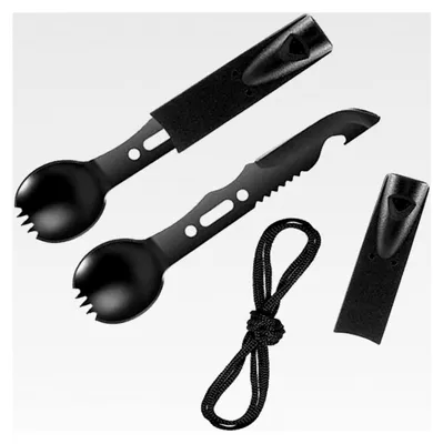 Produktbild von Camping Besteck Set 7in1 Survival Essbesteck mit Göffel, Säge, Pfeife und Messer