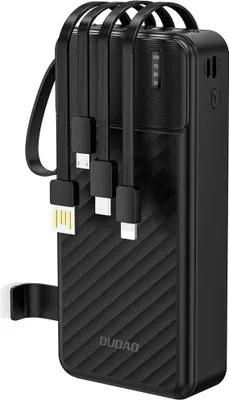 A black power bank with multiple integrated charging cables.