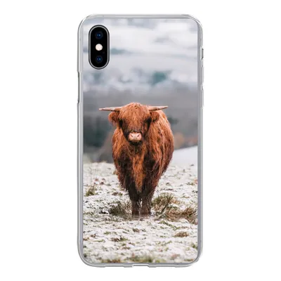 Produktbild von MuchoWow® Handyhülle Schutzhülle Hülle für iPhone Xs Schottischer Highlander - Schnee - Berg Silikon Softcase Handy Hülle - Handytasche