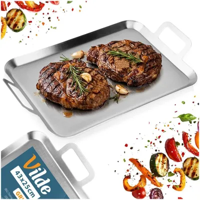 Image de Vilde | Plaque de Cuisson Barbecue Inox 43 x 25 cm - avec Poignées - Toile de Cuisson Réutilisable - Lave-Vaisselle