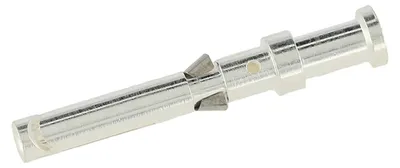 A close-up studio shot of a single metal electrical connector pin against a white background.