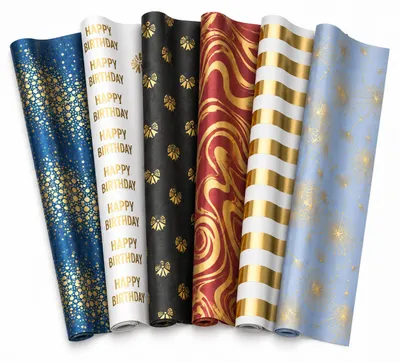 Zdjęcie produktu dla Benza – 6 rolek metalicznego papieru do pakowania prezentów – "Złote Chwile" – 200 × 70 cm – różne wzory, Obraz wygenerowany przez AI
