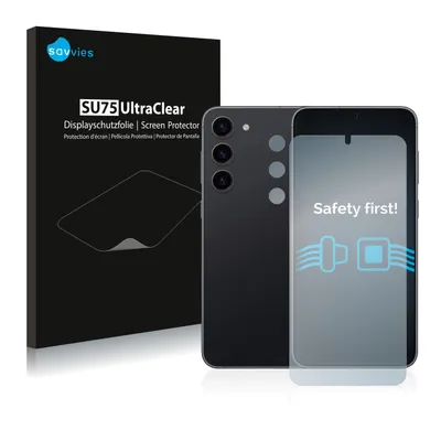 A product shot featuring a phone screen protector box and a smartphone with a screen protector applied.