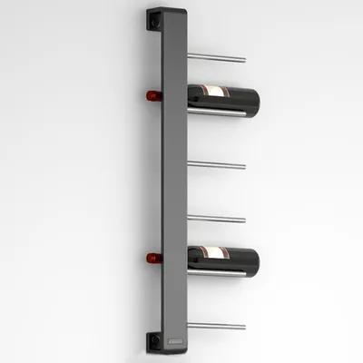 A modern, wall-mounted wine rack holding two wine bottles.