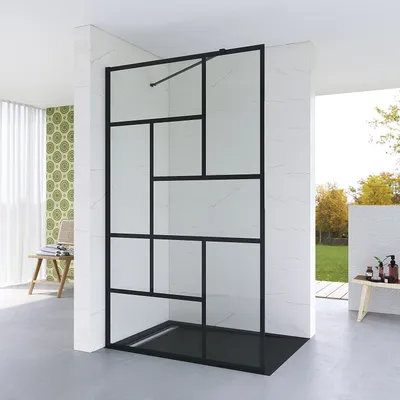 Produktbild von AQUABATOS Walk in Dusche Duschwand schwarz matt Glas Duschabtrennung 100x200cm Echtglas Dekor Kariert Duschtrennwand für Badewanne Nano Beschichtung verstellbarer Winkel mit Stabilisationsbügel