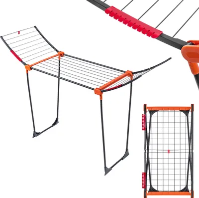 A product shot of a foldable clothes drying rack.