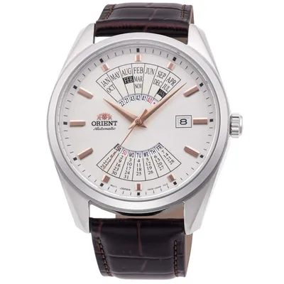 A close-up, front-facing studio shot of an Orient men's watch with a white dial and brown leather strap.