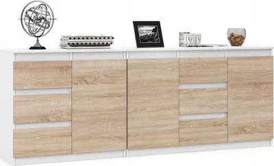 Obrázek produktu pro VBChome Dvě komody 80 x 35 x 75 cm a 120 x 35 x 75 cm se 6 zásuvkami a 3 dvířky Bílá - Dub Sonoma Bezúchytková komoda Ložnice