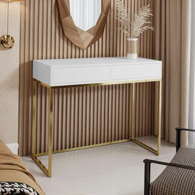 Produktbild von AX LIVING Schminktisch Weiß Lortie 100 cm Schubladen goldenes Gestell