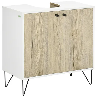Image de Meuble sous lavabo, meuble de salle de bain avec 2 portes, pieds en acier, 60 x 30 x 60 cm, blanc et bois naturel