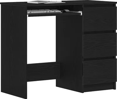 A black wooden desk with a keyboard tray and three drawers.