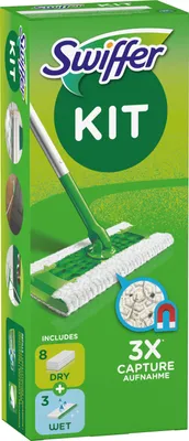Produktbild von Swiffer Kit 1 Bodenwischer 8 Boden-Staubtücher entfernt Staub Dreck & Tierhaare