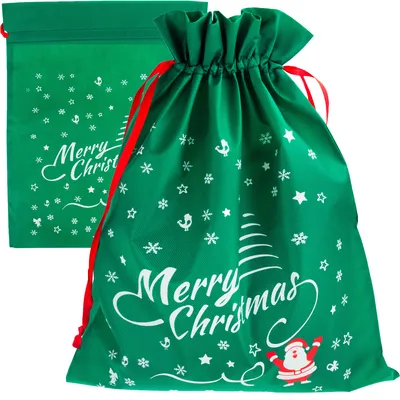 Two green Christmas gift bags with white snowflake and Christmas tree patterns, and red drawstrings.