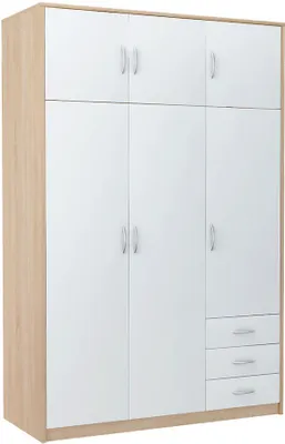 Zdjęcie produktu dla Szafa Trzydrzwiowa Dąb Sonoma/Biały Duża Pojemna z Nadstawką i Szufladami SZ03S/B