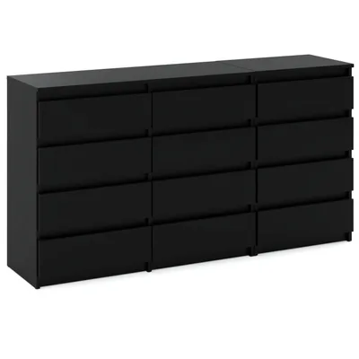 A black dresser with 12 drawers against a white background.