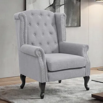 Produktbild von Sessel Chesterfield, Relaxsessel Clubsessel Ohrensessel, wasserabweisend Stoff/Textil grau ohne Ottomane